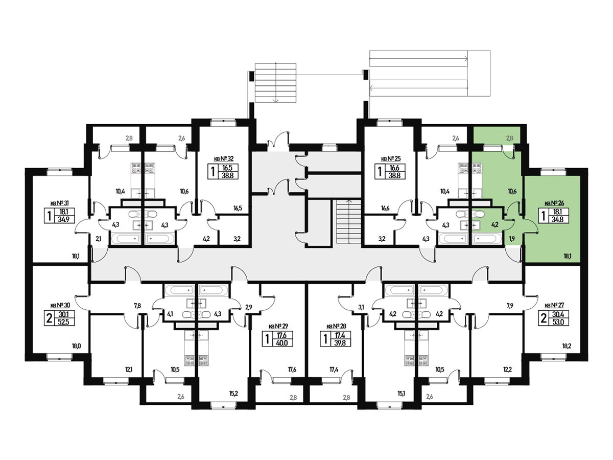 Однокомнатная квартира 34 м² №26 улица Генерала Донскова, дом 27, корпус 2  купить по цене 5126040 от застройщика в ЖК Борисоглебское деревня Зверево